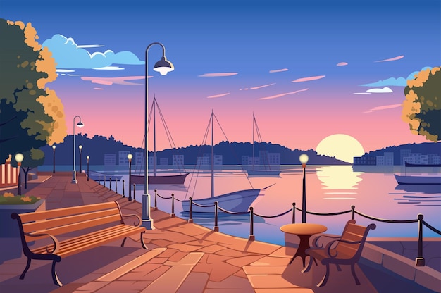 Vettore sfondo tramonto sul lungomare allegro fumetto illustrazione di un tramonto