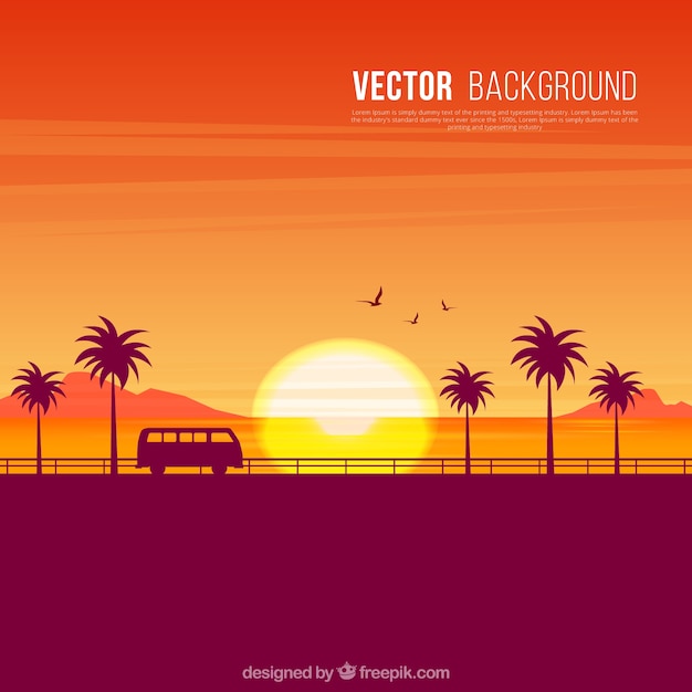 Vector background of sunset silhouettes on the beach