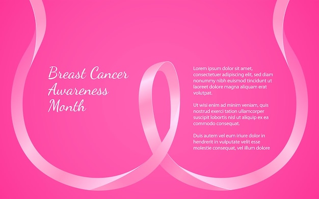 Vettore modello di sfondo con nastri rosa che formano ad arte la forma del seno, simboleggiando il mese della sensibilizzazione sul cancro al seno