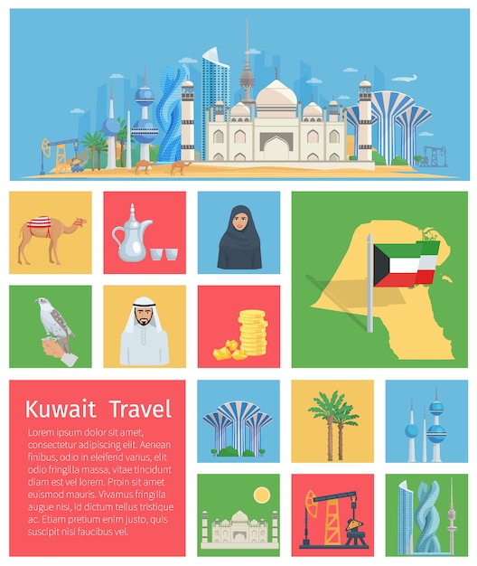 background template showing kuwait landmarks and culture vector illustration