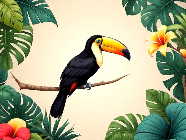 Background template with plain color and toucan bird illustration AL_Generated