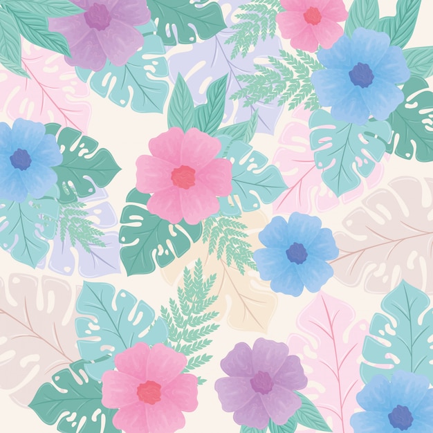 Background, tropical nature leaves with flowers of pastel color