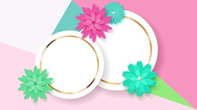 Background of two white circle frames with golden strips and colored paper flowers