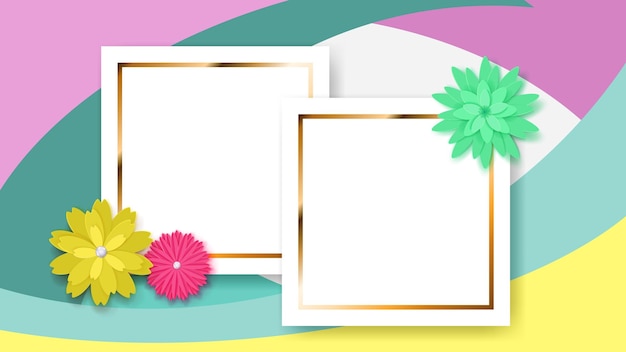 Background of two white rectangle frames with golden strips and colored paper flowers