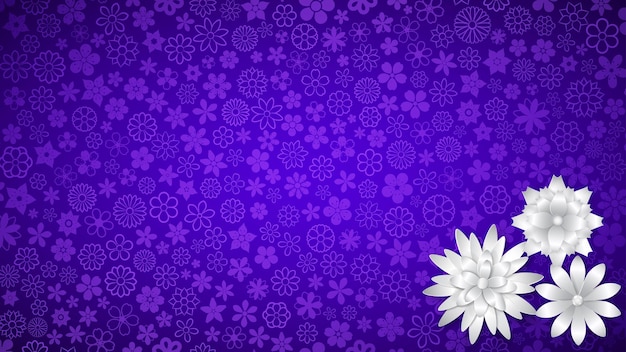 Sfondo di vari piccoli fiori nei colori viola con diversi grandi fiori di carta bianca