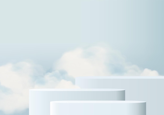 表彰台と最小限の雲のシーンで背景ベクトル3dブルーレンダリング、最小限の製品表示背景3dレンダリングされた幾何学的形状スカイクラウドブルーパステル。プラットフォームでのステージ3Dレンダリング製品