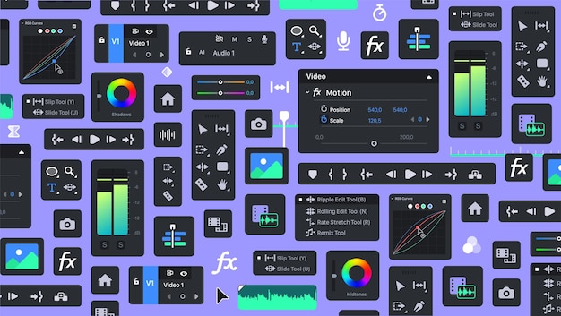 Background of video editor processing tools tool blocks graphic movie editing motion designer ui