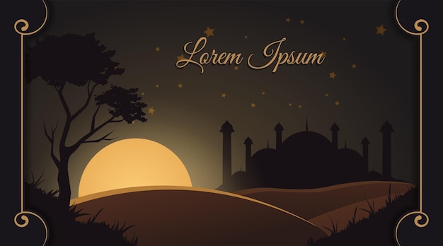 Vector background view of the night full moon and sky full of stars with a mosque silhouette