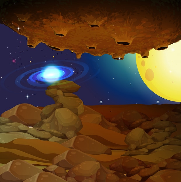 Vector background view of space with yellow moon