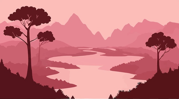 Vector background view of waterfalls silhouettes of forests and mountains