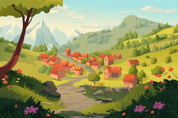Vettore lo sfondo del villaggio sulle colline un'affascinante illustrazione che mostra un accogliente villaggio annidato
