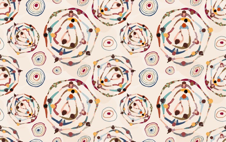 Vector background or wallpaper seamless pattern with group of diverse people in a circle from different cultures holding hands community men and women of friends or volunteers top view team