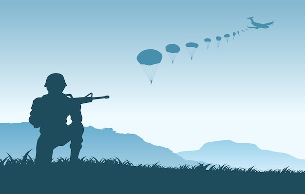 낙하산병 병사가 앉아 벡터 삽화를 쏠 준비가 된 상황에서 전쟁의 배경