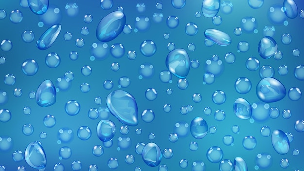 Background of water drops and bubbles of different shapes in light blue colors