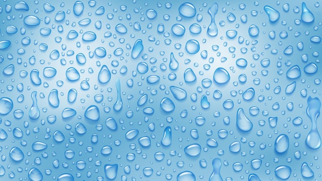 Background of water drops of different shapes with shadows in light blue colors