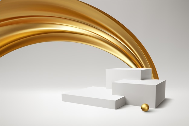 Vector background white podium product and realistic golden swirl on the white background.