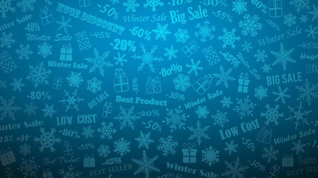 Фон о зимних скидках и спецпредложениях, сделанный из снежинок, надписей и подарочных коробок, в голубых тонах