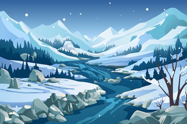 背景 冬の川 静かな冬の川を描いた魅力的なイラスト