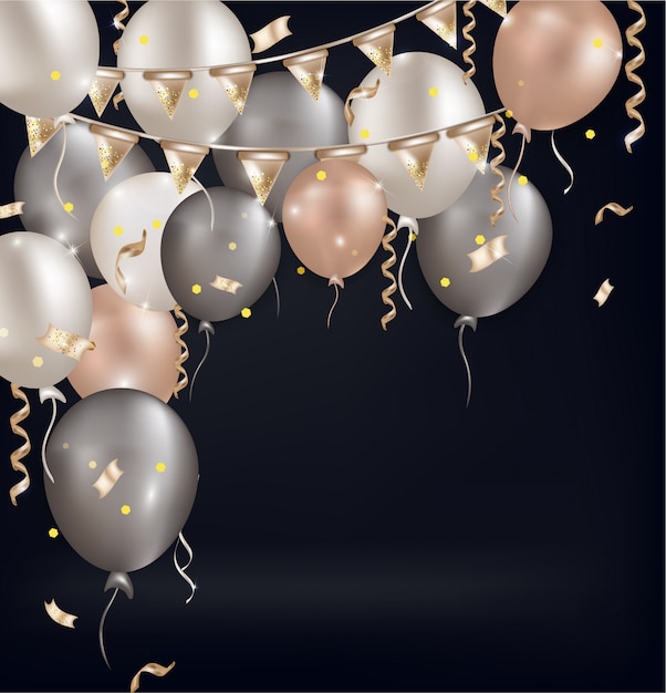 Background with air balloons, confetti, sparkles.