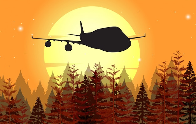 Vector background with airplane flying at sunset