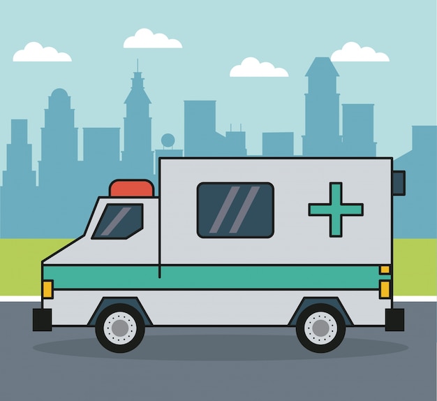 Background with ambulance on the outskirts of the city