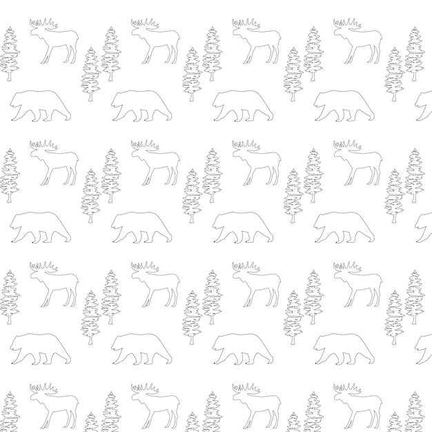 Background with animals deer and bear fir tree