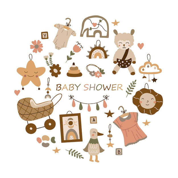 Background with baby things for the kid Cute funny toys for little kids Isolated vector illustrati