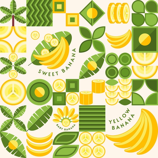 Background with banana design elements logo in simple geometric style Seamless pattern with abstract shapes Good for branding decoration of food package cover design decorative print background