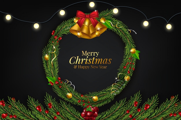 Background with Border of Realistic Looking Christmas Tree Branches Decorated with Berries