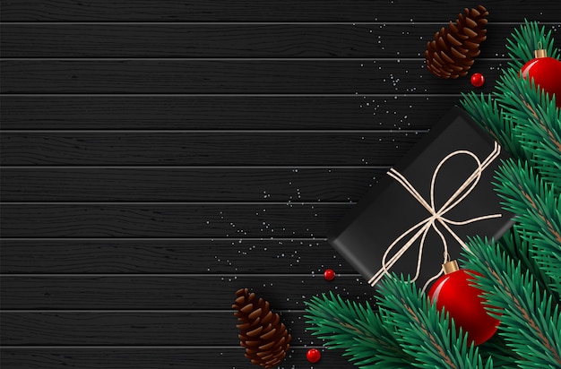 Vector background with border of realistic looking christmas tree branches and season wishes.