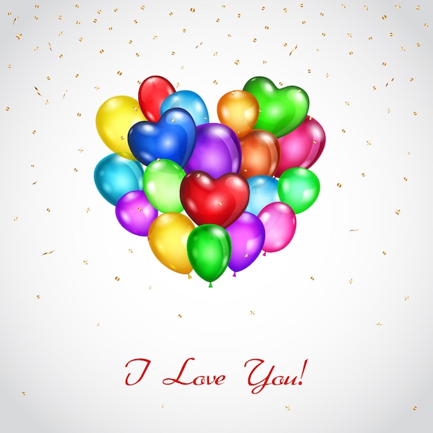 Вектор Фон с кучей цветных шаров в форме сердца и надписью i love you