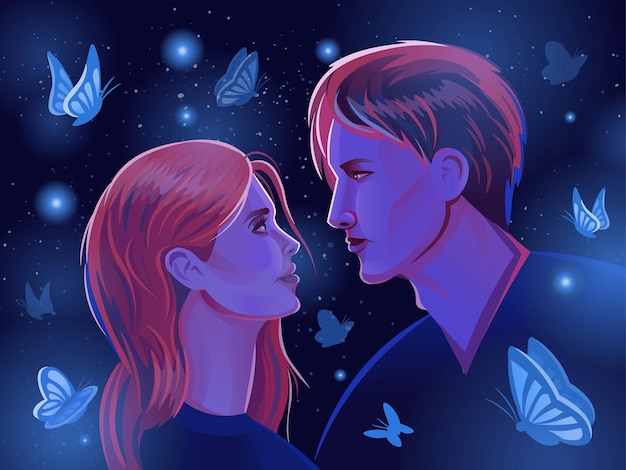 Background with butterflies and a couple in love at night Two lovers looking at each other Vector