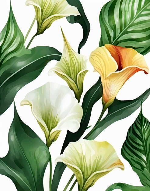 A background with calla lilies and green leaves.