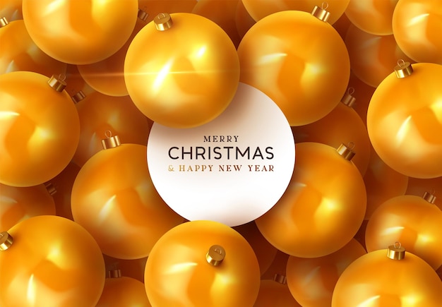 クリスマス ボールの背景。現実的なクリスマスの装飾的な金の丸いつまらないもの。グリーティング カード、バナー、ポスター、チラシ、エレガントなパンフレット。メリークリスマス、そしてハッピーニューイヤー。ベクトル イラスト