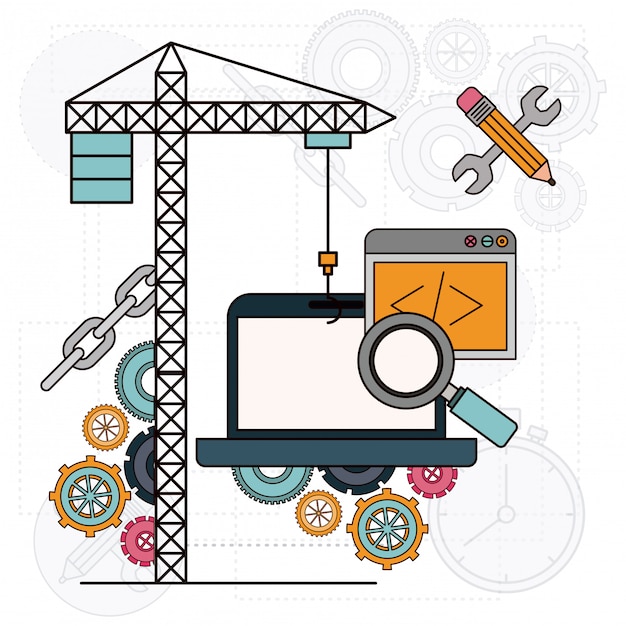 建設の開発のためのクレーンとラップトップコンピューターの背景