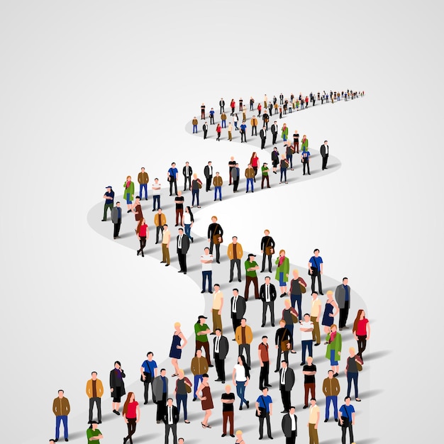 background with a crowd of people standing in a line.