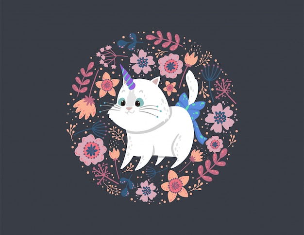 Vector background with a cute cat unicorn, leaves, and flowers.