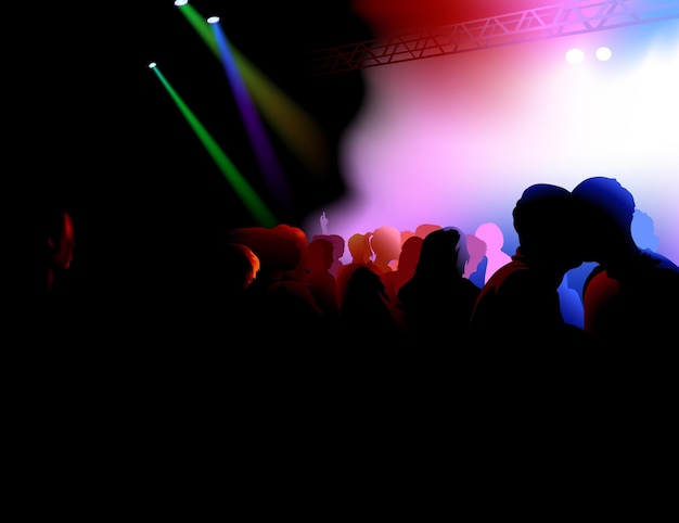 Vector background with dancing crowd on dance party and stage illuminated by colored lights