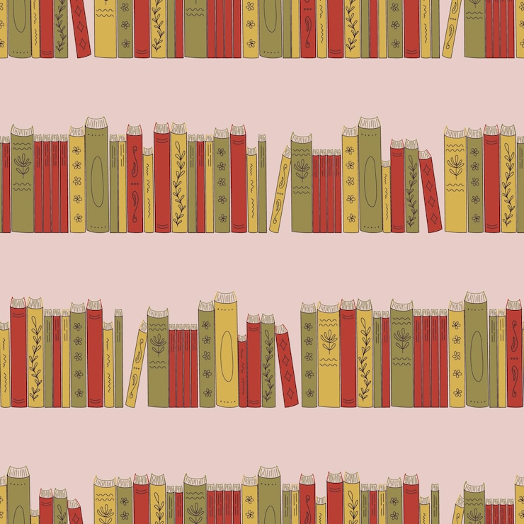 Vector background with decorative books arranged on shelfs with unique designs seamless pattern