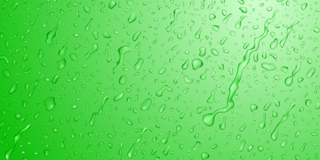 Background with drops and streaks of water in green colors, flowing down the surface