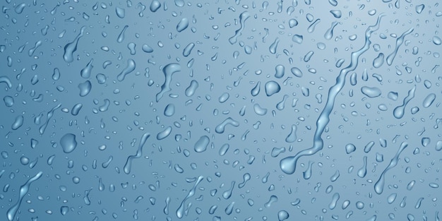 Background with drops and streaks of water in light blue colors, flowing down the surface