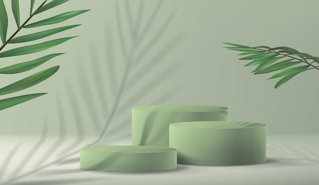 Background with an empty pedestal to showcase the product in a minimalist style with a palm plant and a shadow in pastel green.