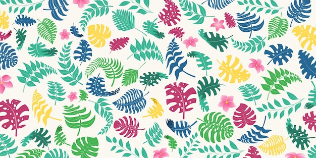 Background with exotic jungle plants Tropical palm leaves and flowers Rainforest illustration multicolored on white