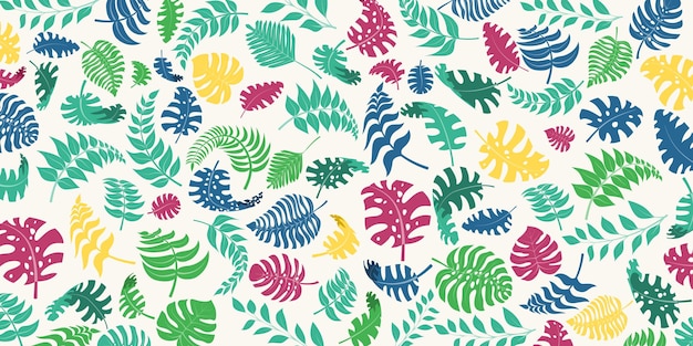 Background with exotic jungle plants tropical palm leaves rainforest illustration multicolored on white