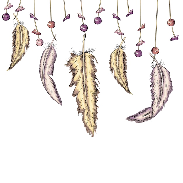 Vector background with feathers and pebbles in boho style . handmade work.  illustration