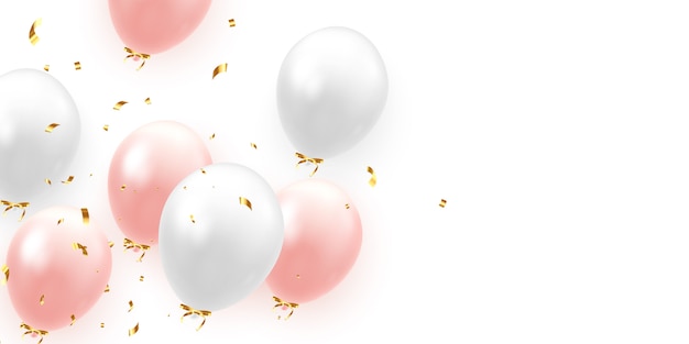 Фон с праздничными реалистичными воздушными шарами с лентой. Цвета розово-белый, усыпанный золотыми блестками и блестками конфетти.