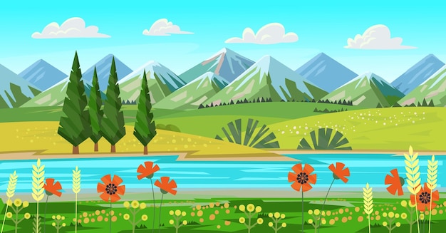 Background with fields and mountains river or lake landscape with hills meadows blue sky