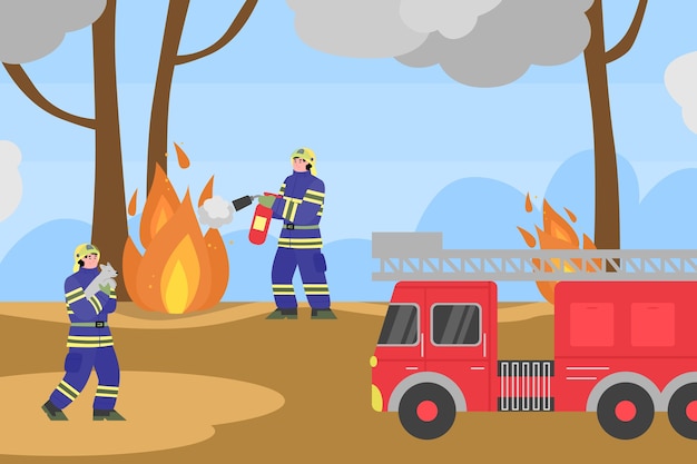 森の中で火を消そうとしている消防士の背景、平らな漫画。消防署の救助隊と山火事災害バナー。