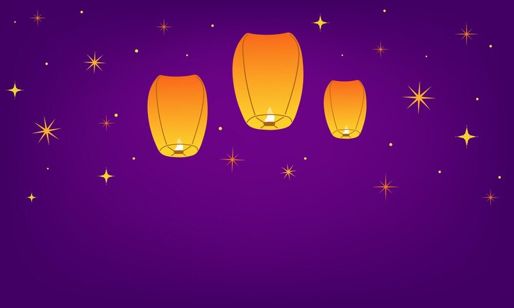 Vector background with floating sky lanterns and stars design for indian diwali festival of lights