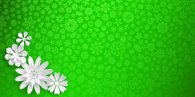 Background with floral texture in green colors and several big white paper flowers with soft shadows